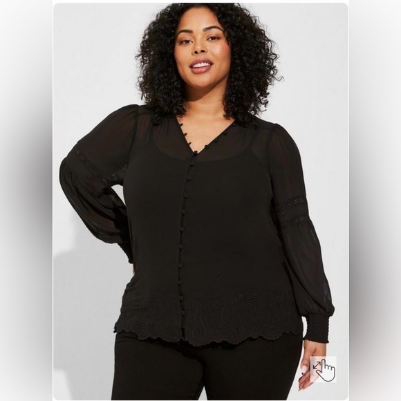 NWT Torrid Chiffon Ruffle Collar Eyelet Embroidered Black Blouse - Picture 1 of 15